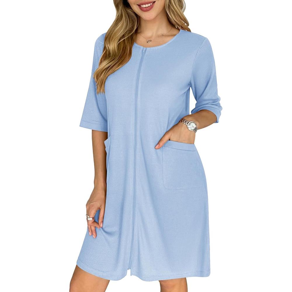 imageEkouaer Zip Up Robes for Women Short Waffle Bathrobe Lightweight house coat 34 Sleeve Soft Nightgown with Pockets S3XLLight Blue