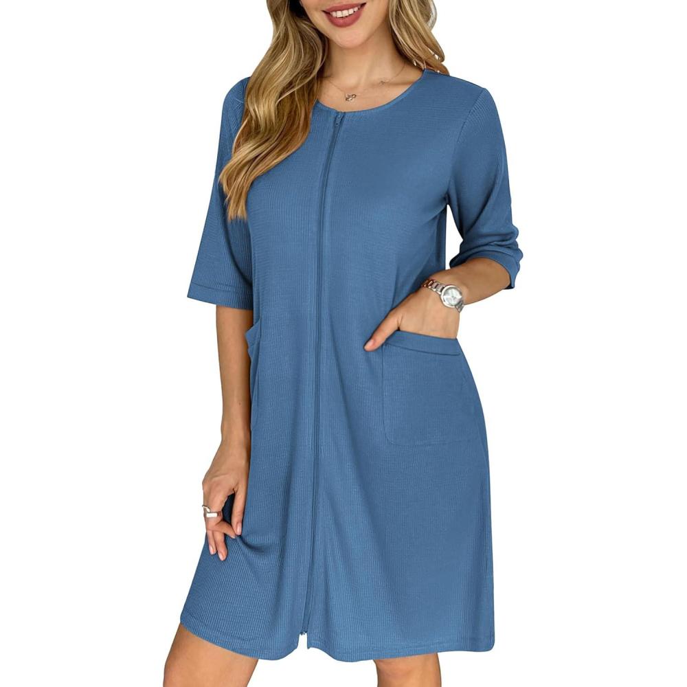 imageEkouaer Zip Up Robes for Women Short Waffle Bathrobe Lightweight house coat 34 Sleeve Soft Nightgown with Pockets S3XLNavy