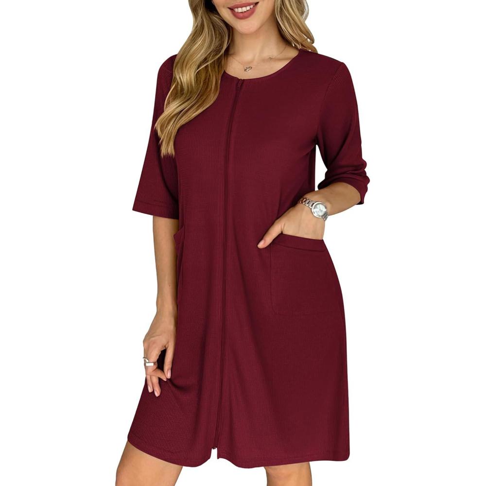 imageEkouaer Zip Up Robes for Women Short Waffle Bathrobe Lightweight house coat 34 Sleeve Soft Nightgown with Pockets S3XLRed