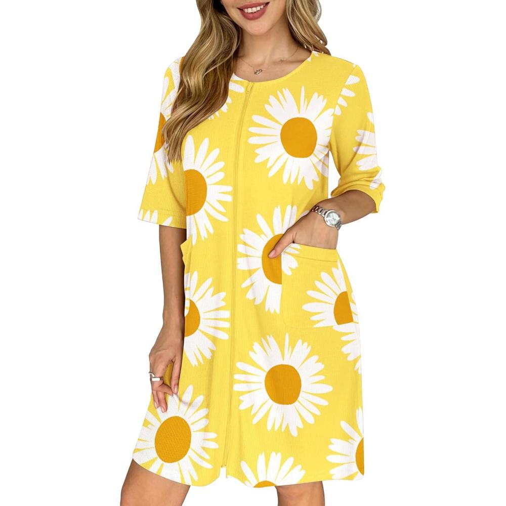 imageEkouaer Zip Up Robes for Women Short Waffle Bathrobe Lightweight house coat 34 Sleeve Soft Nightgown with Pockets S3XLYellow Floral