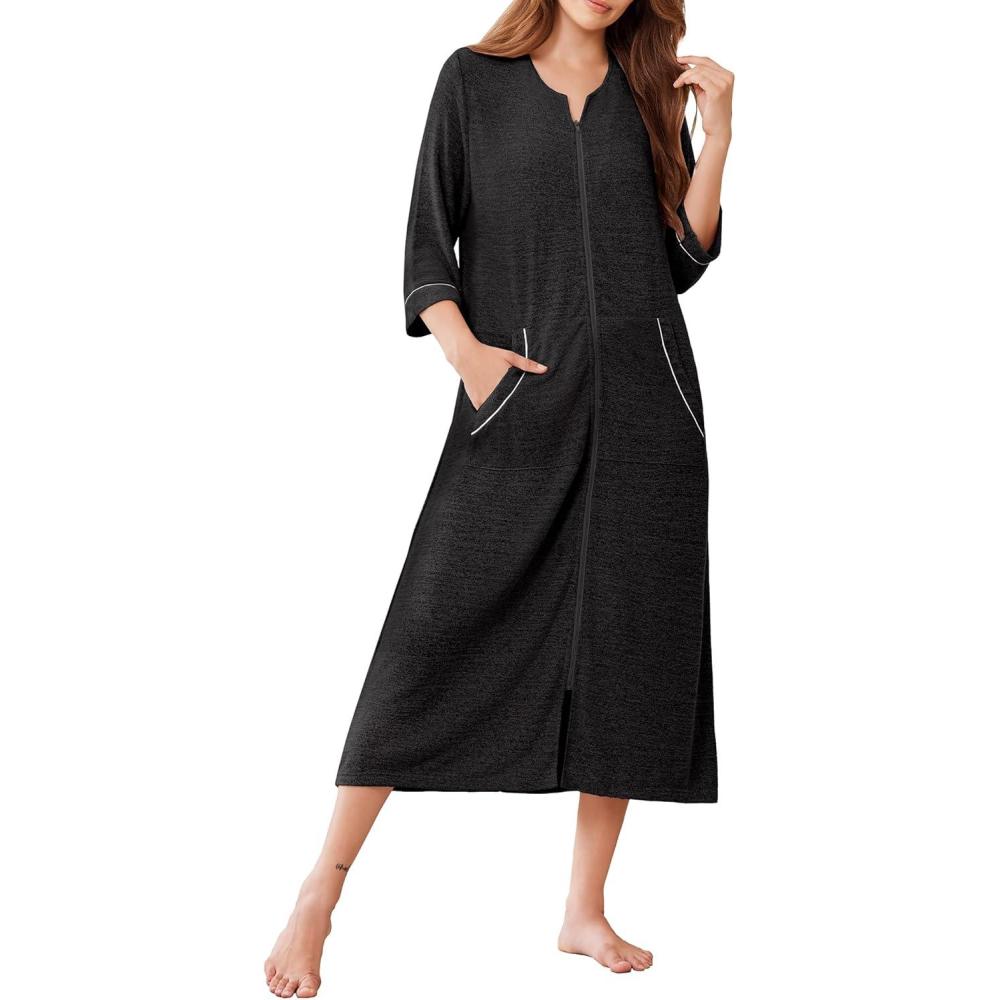 imageEkouaer Zipper Robes for Women 34 Sleeve Bathrobe Lightweight House Coats for Women with Pockets Long Moo Moo NightgownBlack