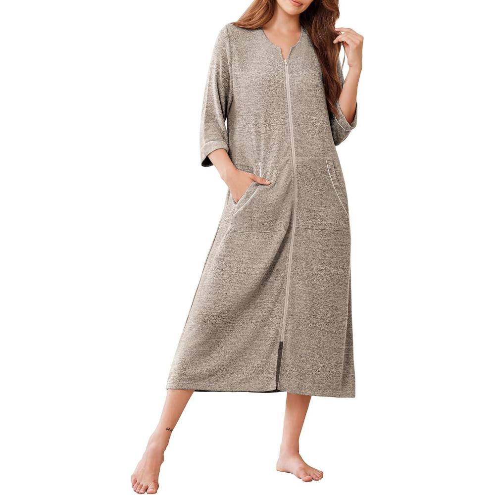 imageEkouaer Zipper Robes for Women 34 Sleeve Bathrobe Lightweight House Coats for Women with Pockets Long Moo Moo NightgownKhaki