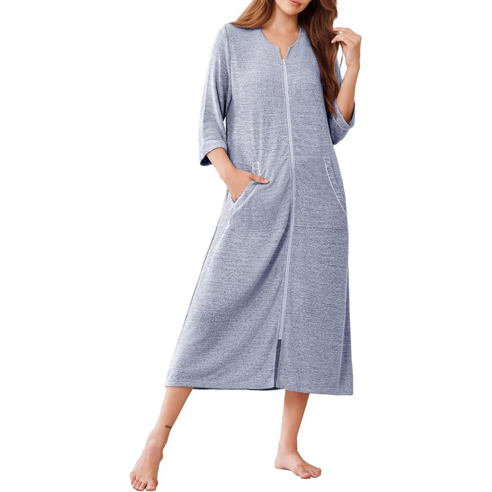 imageEkouaer Zipper Robes for Women 34 Sleeve Bathrobe Lightweight House Coats for Women with Pockets Long Moo Moo NightgownLight Blue
