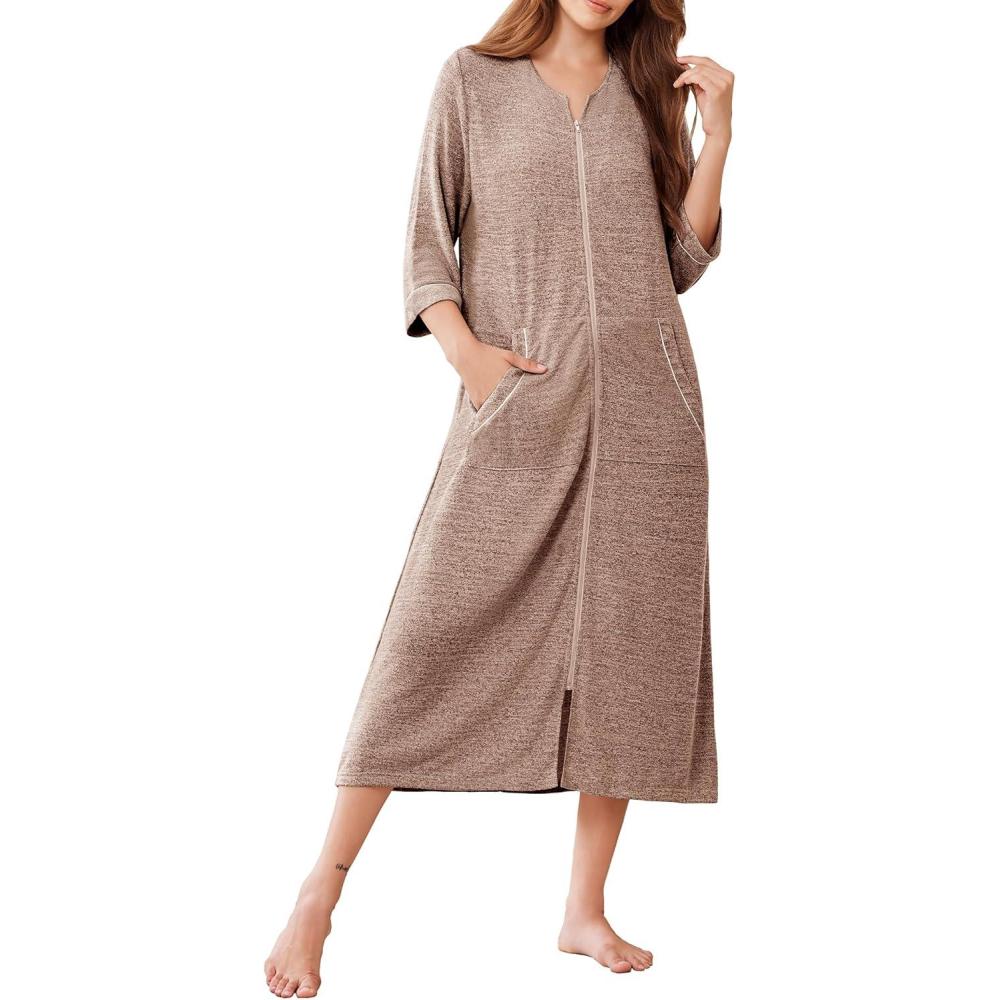 imageEkouaer Zipper Robes for Women 34 Sleeve Bathrobe Lightweight House Coats for Women with Pockets Long Moo Moo NightgownLight Brown