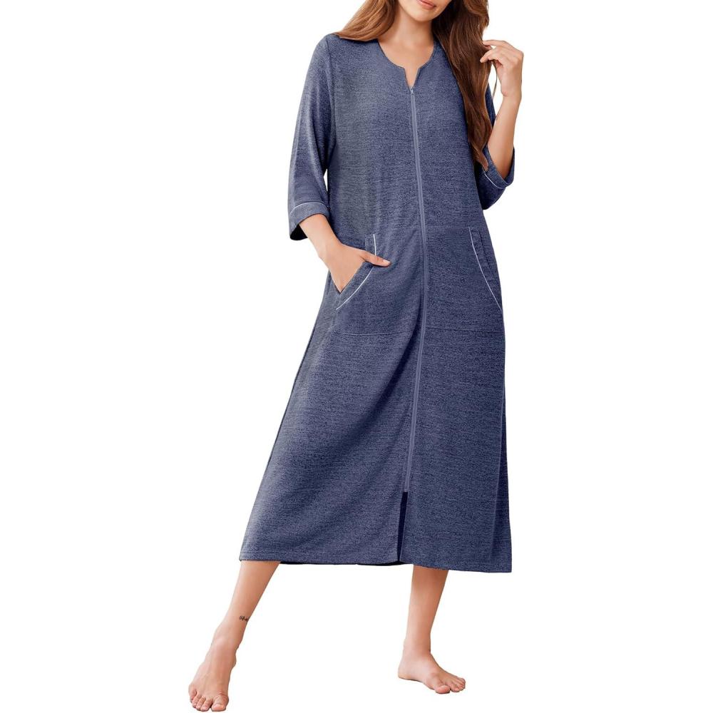 imageEkouaer Zipper Robes for Women 34 Sleeve Bathrobe Lightweight House Coats for Women with Pockets Long Moo Moo NightgownNavy Blue