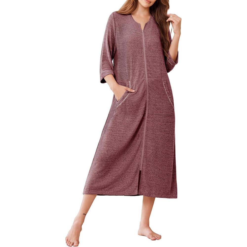 imageEkouaer Zipper Robes for Women 34 Sleeve Bathrobe Lightweight House Coats for Women with Pockets Long Moo Moo NightgownWine Red