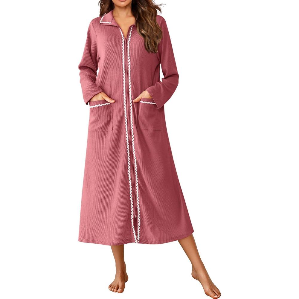 imageEkouaer Zipper Robes for Women Long Waffle Knit Bathrobe Lightweight Long Sleeves Robe Soft Sleepwear with Pockets SXXLCaramel