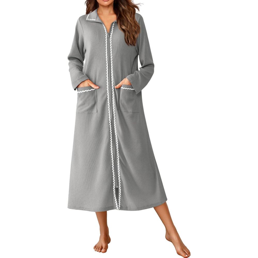 imageEkouaer Zipper Robes for Women Long Waffle Knit Bathrobe Lightweight Long Sleeves Robe Soft Sleepwear with Pockets SXXLLight Gray