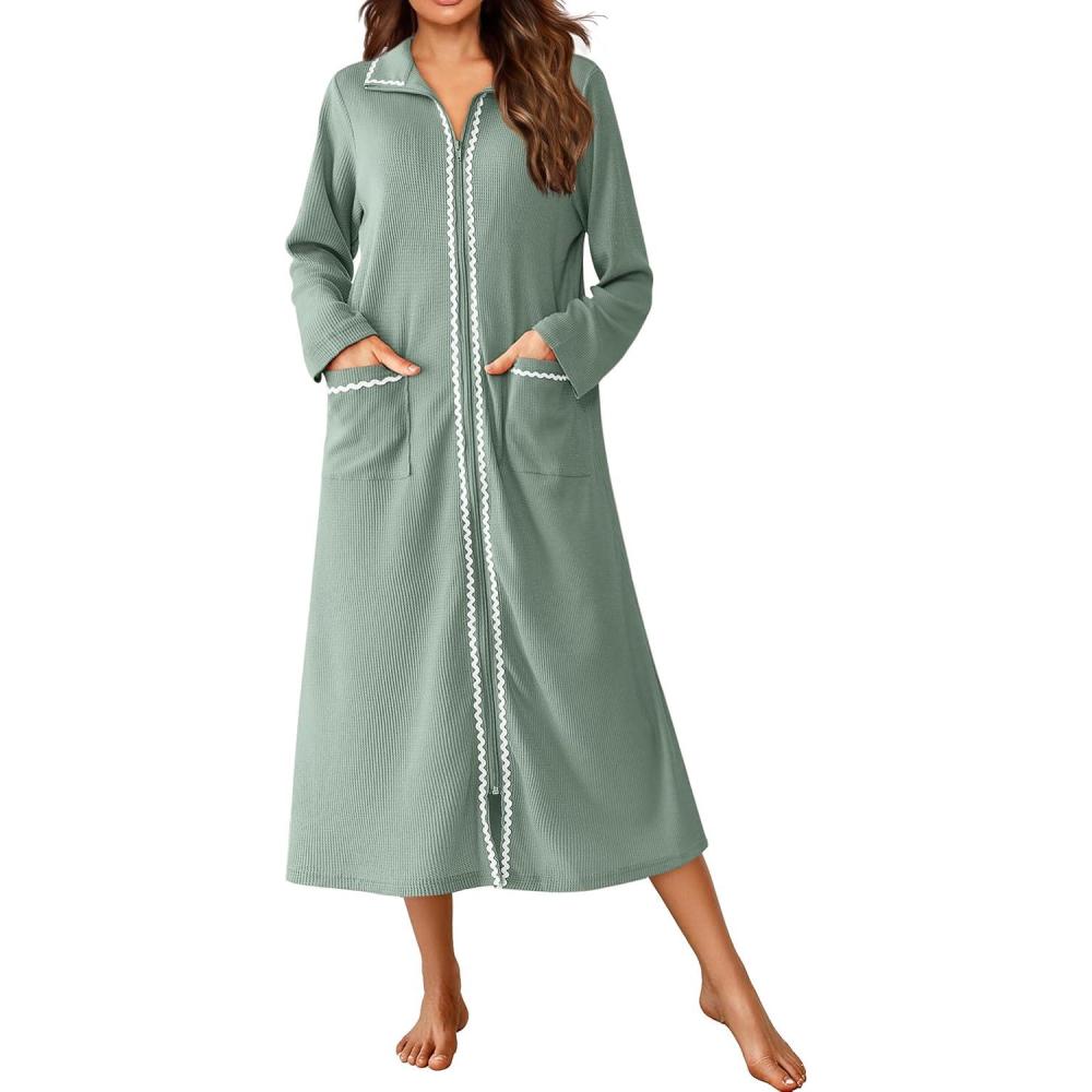 imageEkouaer Zipper Robes for Women Long Waffle Knit Bathrobe Lightweight Long Sleeves Robe Soft Sleepwear with Pockets SXXLMint Green