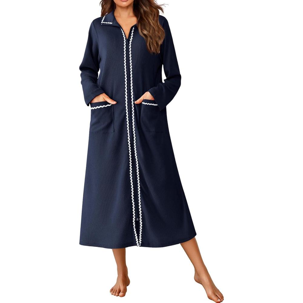 imageEkouaer Zipper Robes for Women Long Waffle Knit Bathrobe Lightweight Long Sleeves Robe Soft Sleepwear with Pockets SXXLNavy Blue