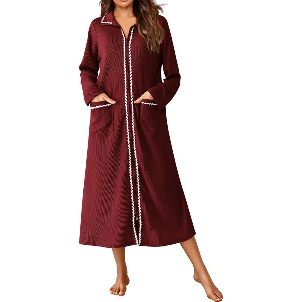 imageEkouaer Zipper Robes for Women Long Waffle Knit Bathrobe Lightweight Long Sleeves Robe Soft Sleepwear with Pockets SXXLWine Red