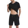 Ekouaer Mens Pajama Set Short Sleeve V Neck 2 Piece Nightwear Shorts With Pockets Summer Sleepwear PJS for Men(Black)
