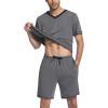 Ekouaer Mens Pajama Set Short Sleeve V Neck 2 Piece Nightwear Shorts With Pockets Summer Sleepwear PJS for Men(Grey)