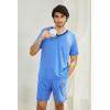 Ekouaer Mens Pajama Set Short Sleeve V Neck 2 Piece Nightwear Shorts With Pockets Summer Sleepwear PJS for Men(Light Blue)