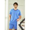 Ekouaer Mens Pajama Set Short Sleeve V Neck 2 Piece Nightwear Shorts With Pockets Summer Sleepwear PJS for Men(Light Blue)