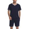 Ekouaer Mens Pajama Set Short Sleeve V Neck 2 Piece Nightwear Shorts With Pockets Summer Sleepwear PJS for Men(Navy Blue)