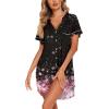 Ekouaer Nightgowns for Women Button Down Night Gowns Short Sleeve Sleep Shirt V Neck Nightshirt Soft Sleepwear Pajams Dress(Black Pink Floral)