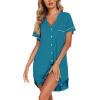 Ekouaer Nightgowns for Women Button Down Night Gowns Short Sleeve Sleep Shirt V Neck Nightshirt Soft Sleepwear Pajams Dress(Blue Green)