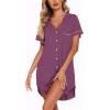 Ekouaer Nightgowns for Women Button Down Night Gowns Short Sleeve Sleep Shirt V Neck Nightshirt Soft Sleepwear Pajams Dress(Deep Purple)