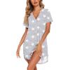 Ekouaer Nightgowns for Women Button Down Night Gowns Short Sleeve Sleep Shirt V Neck Nightshirt Soft Sleepwear Pajams Dress(Grey Star)