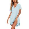 Ekouaer Nightgowns for Women Button Down Night Gowns Short Sleeve Sleep Shirt V Neck Nightshirt Soft Sleepwear Pajams Dress(Light Blue)
