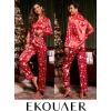 Ekouaer Women’s Classic Button Down Long Satin Silk Pajama Set(Red Chirstmas Pattern)
