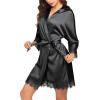 Ekouaer Womens Silk Robe Short Lace Trim Satin Robe 3/4 Sleeve Sexy Kimono Bride Bathrobe Comfy Sleepwear with Pockets(Black)