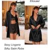 Ekouaer Womens Silk Robe Short Lace Trim Satin Robe 3/4 Sleeve Sexy Kimono Bride Bathrobe Comfy Sleepwear with Pockets(Black)