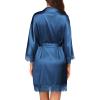 Ekouaer Womens Silk Robe Short Lace Trim Satin Robe 3/4 Sleeve Sexy Kimono Bride Bathrobe Comfy Sleepwear with Pockets(Blue)