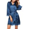 Ekouaer Womens Silk Robe Short Lace Trim Satin Robe 3/4 Sleeve Sexy Kimono Bride Bathrobe Comfy Sleepwear with Pockets(Blue)