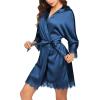 Ekouaer Womens Silk Robe Short Lace Trim Satin Robe 3/4 Sleeve Sexy Kimono Bride Bathrobe Comfy Sleepwear with Pockets(Blue)