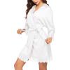 Ekouaer Womens Silk Robe Short Lace Trim Satin Robe 3/4 Sleeve Sexy Kimono Bride Bathrobe Comfy Sleepwear with Pockets(Bright White)