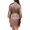 Ekouaer Womens Silk Robe Short Lace Trim Satin Robe 3/4 Sleeve Sexy Kimono Bride Bathrobe Comfy Sleepwear with Pockets(Brown)