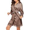 Ekouaer Womens Silk Robe Short Lace Trim Satin Robe 3/4 Sleeve Sexy Kimono Bride Bathrobe Comfy Sleepwear with Pockets(Brown)