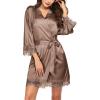 Ekouaer Womens Silk Robe Short Lace Trim Satin Robe 3/4 Sleeve Sexy Kimono Bride Bathrobe Comfy Sleepwear with Pockets(Brown)