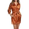Ekouaer Womens Silk Robe Short Lace Trim Satin Robe 3/4 Sleeve Sexy Kimono Bride Bathrobe Comfy Sleepwear with Pockets(Caramel)