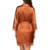 Ekouaer Womens Silk Robe Short Lace Trim Satin Robe 3/4 Sleeve Sexy Kimono Bride Bathrobe Comfy Sleepwear with Pockets(Caramel)