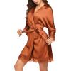 Ekouaer Womens Silk Robe Short Lace Trim Satin Robe 3/4 Sleeve Sexy Kimono Bride Bathrobe Comfy Sleepwear with Pockets(Caramel)