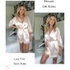 Ekouaer Womens Silk Robe Short Lace Trim Satin Robe 3/4 Sleeve Sexy Kimono Bride Bathrobe Comfy Sleepwear with Pockets(Champagne)