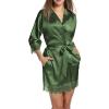 Ekouaer Womens Silk Robe Short Lace Trim Satin Robe 3/4 Sleeve Sexy Kimono Bride Bathrobe Comfy Sleepwear with Pockets(Dark Army Green)