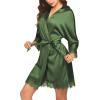 Ekouaer Womens Silk Robe Short Lace Trim Satin Robe 3/4 Sleeve Sexy Kimono Bride Bathrobe Comfy Sleepwear with Pockets(Dark Army Green)