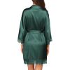 Ekouaer Womens Silk Robe Short Lace Trim Satin Robe 3/4 Sleeve Sexy Kimono Bride Bathrobe Comfy Sleepwear with Pockets(Dark Green)