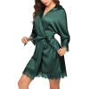 Ekouaer Womens Silk Robe Short Lace Trim Satin Robe 3/4 Sleeve Sexy Kimono Bride Bathrobe Comfy Sleepwear with Pockets(Dark Green)