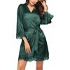 Ekouaer Womens Silk Robe Short Lace Trim Satin Robe 3/4 Sleeve Sexy Kimono Bride Bathrobe Comfy Sleepwear with Pockets(Dark Green)