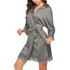 Ekouaer Womens Silk Robe Short Lace Trim Satin Robe 3/4 Sleeve Sexy Kimono Bride Bathrobe Comfy Sleepwear with Pockets(Dark Grey)