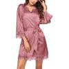 Ekouaer Womens Silk Robe Short Lace Trim Satin Robe 3/4 Sleeve Sexy Kimono Bride Bathrobe Comfy Sleepwear with Pockets(Gray Purple)