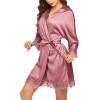 Ekouaer Womens Silk Robe Short Lace Trim Satin Robe 3/4 Sleeve Sexy Kimono Bride Bathrobe Comfy Sleepwear with Pockets(Gray Purple)