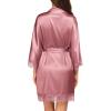 Ekouaer Womens Silk Robe Short Lace Trim Satin Robe 3/4 Sleeve Sexy Kimono Bride Bathrobe Comfy Sleepwear with Pockets(Gray Purple)