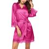 Ekouaer Womens Silk Robe Short Lace Trim Satin Robe 3/4 Sleeve Sexy Kimono Bride Bathrobe Comfy Sleepwear with Pockets(Hot Pink)