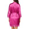 Ekouaer Womens Silk Robe Short Lace Trim Satin Robe 3/4 Sleeve Sexy Kimono Bride Bathrobe Comfy Sleepwear with Pockets(Hot Pink)